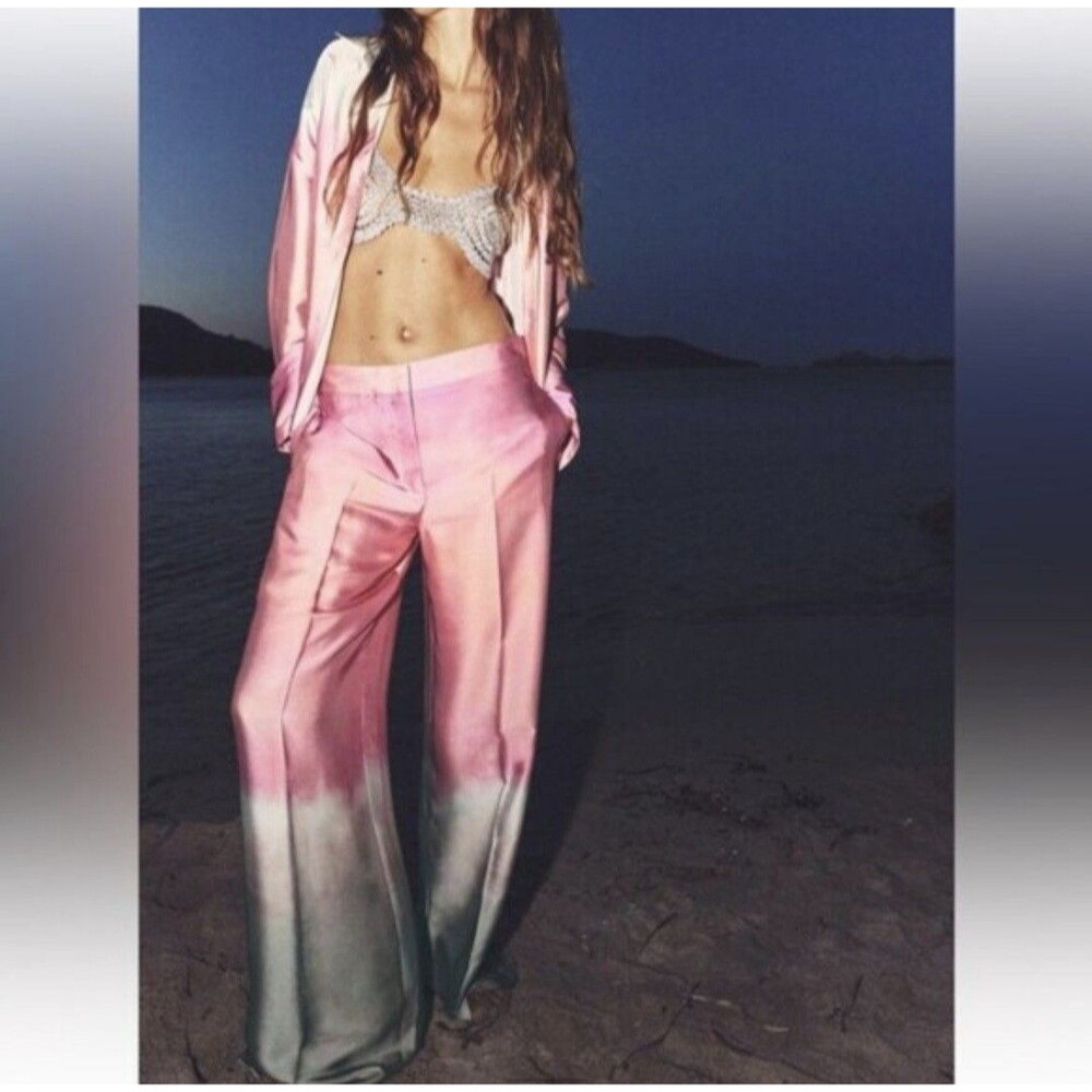 ZARA Pink Tie Dye Ombre Wide Leg Pant Large Maximalist Vacation Luxury